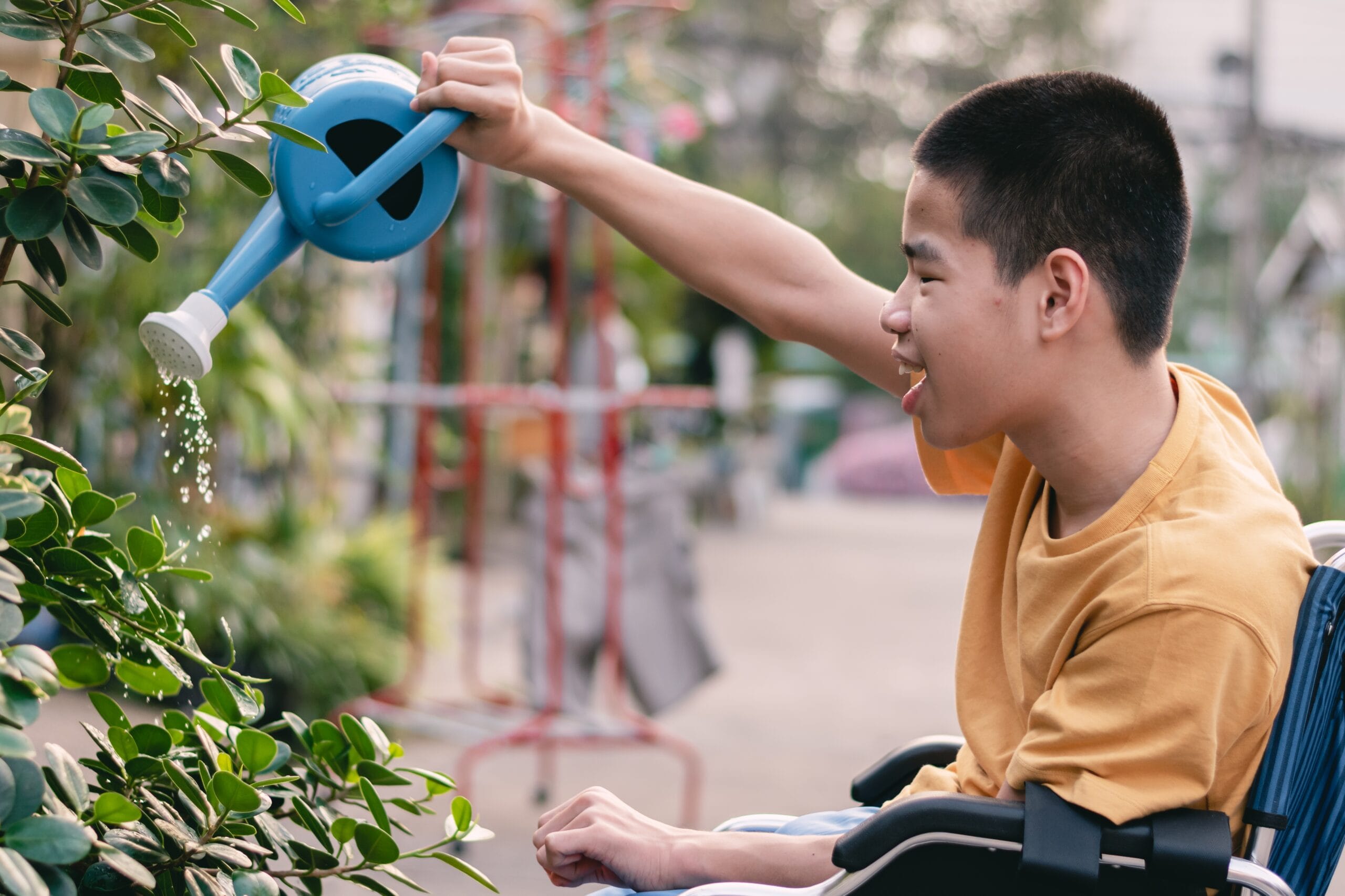 Asian special child on wheelchair watering the plants, Development activities and relationships with family time in the house,Lifestyle in education age and happy disabled kid concept.