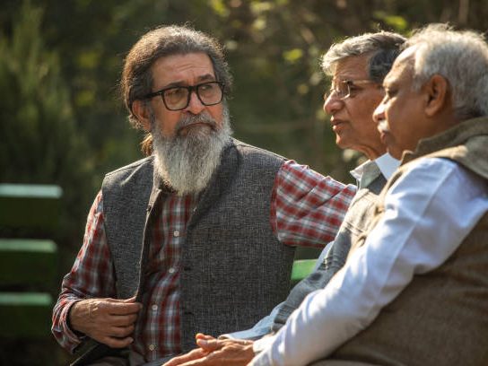 Active senior male friends spending leisure time while sitting in garden