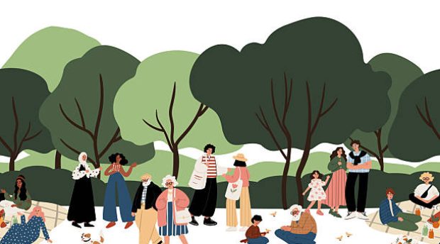 Seamless border with diverse people in park: relaxing, picnicking, walking, families, seniors, children, youth, dog, Black, Muslim, White. Trees and hills in background. Flat vector illustration.